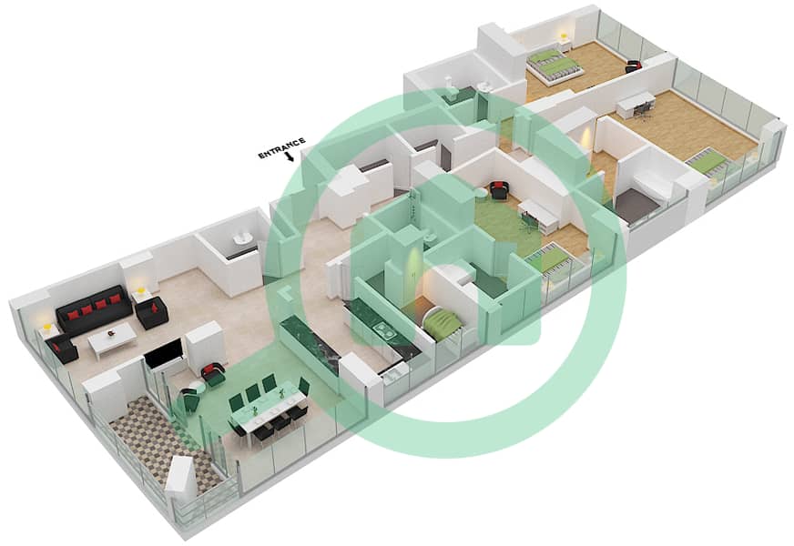 المخططات الطابقية لتصميم النموذج / الوحدة 2/4 شقة 3 غرف نوم - برج أولجانا interactive3D