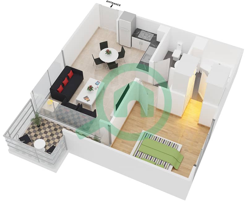 المخططات الطابقية لتصميم النموذج 1 شقة 1 غرفة نوم - عزيزي بيرل interactive3D
