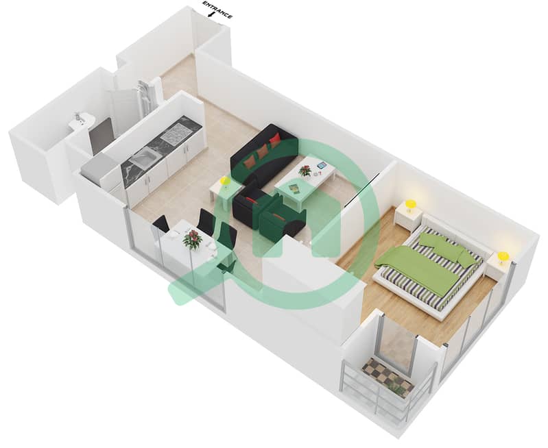 المخططات الطابقية لتصميم النموذج 2 شقة 1 غرفة نوم - عزيزي بيرل interactive3D