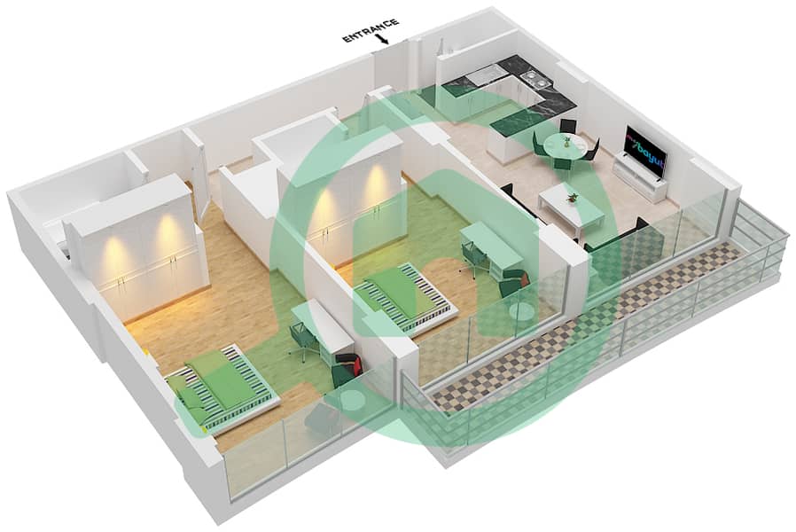 المخططات الطابقية لتصميم النموذج / الوحدة 3/5 شقة 2 غرفة نوم - برج أولجانا interactive3D