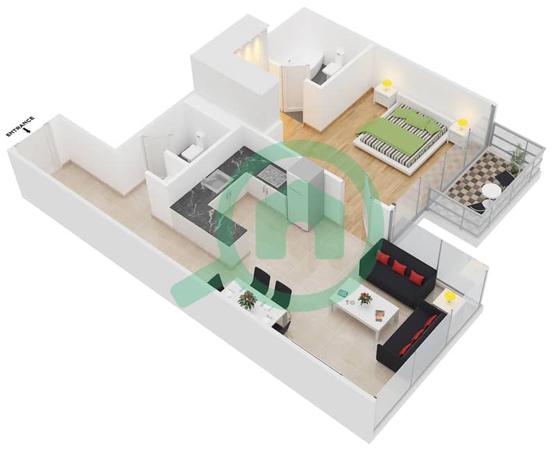 阿齐兹珍珠公寓 - 1 卧室公寓类型3戶型图 interactive3D