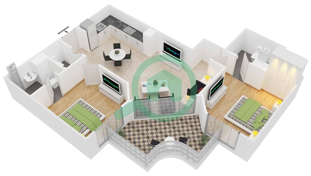 المخططات الطابقية لتصميم النموذج 1 شقة 2 غرفة نوم - عزيزي بيرل interactive3D