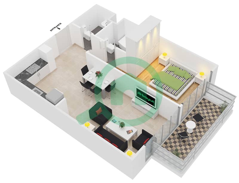 المخططات الطابقية لتصميم النموذج 4 شقة 1 غرفة نوم - عزيزي بيرل interactive3D