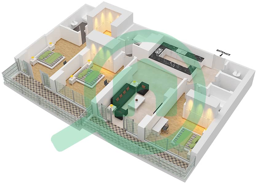 奥尔加纳大厦 - 3 卧室公寓类型／单位1/2戶型图 interactive3D