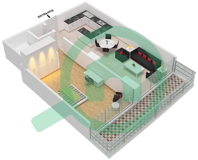 المخططات الطابقية لتصميم النموذج / الوحدة 2/3 شقة 1 غرفة نوم - برج أولجانا interactive3D