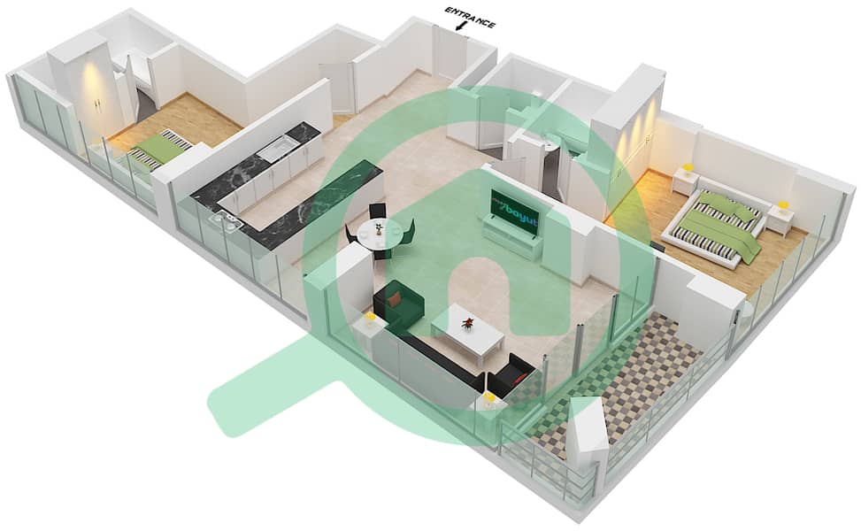 المخططات الطابقية لتصميم النموذج / الوحدة 1/1 شقة 2 غرفة نوم - برج أولجانا interactive3D