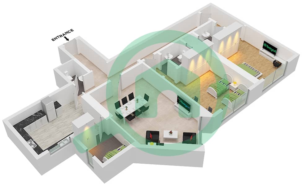 المخططات الطابقية لتصميم الوحدة 1 شقة 2 غرفة نوم - أبراج الواحة First Floor interactive3D