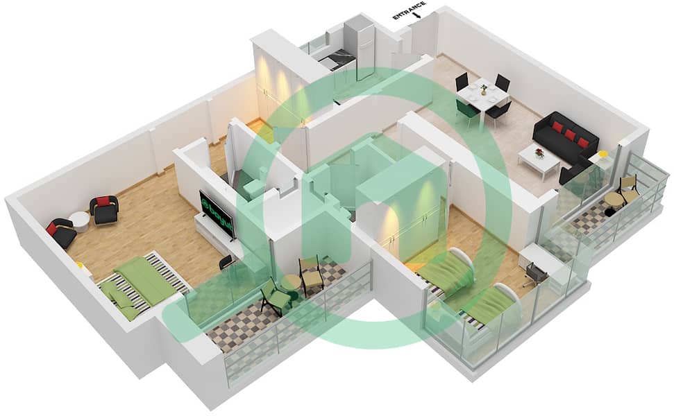 المخططات الطابقية لتصميم الوحدة 2 شقة 2 غرفة نوم - أبراج الواحة Floor 1-30 interactive3D