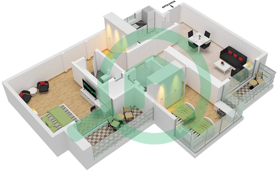 Oasis Towers - 2 Bedroom Apartment Unit 2 Floor plan Floor 1-30 interactive3D