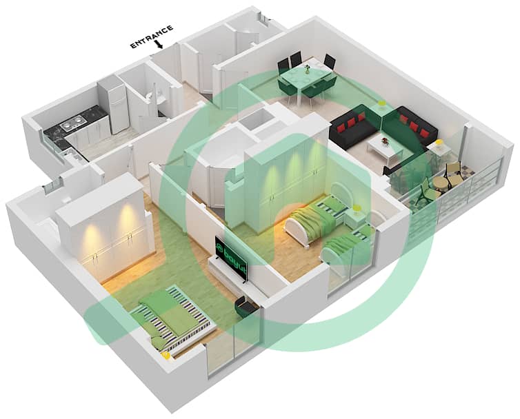 المخططات الطابقية لتصميم الوحدة 5 شقة 2 غرفة نوم - أبراج الواحة Floor 1-30 interactive3D