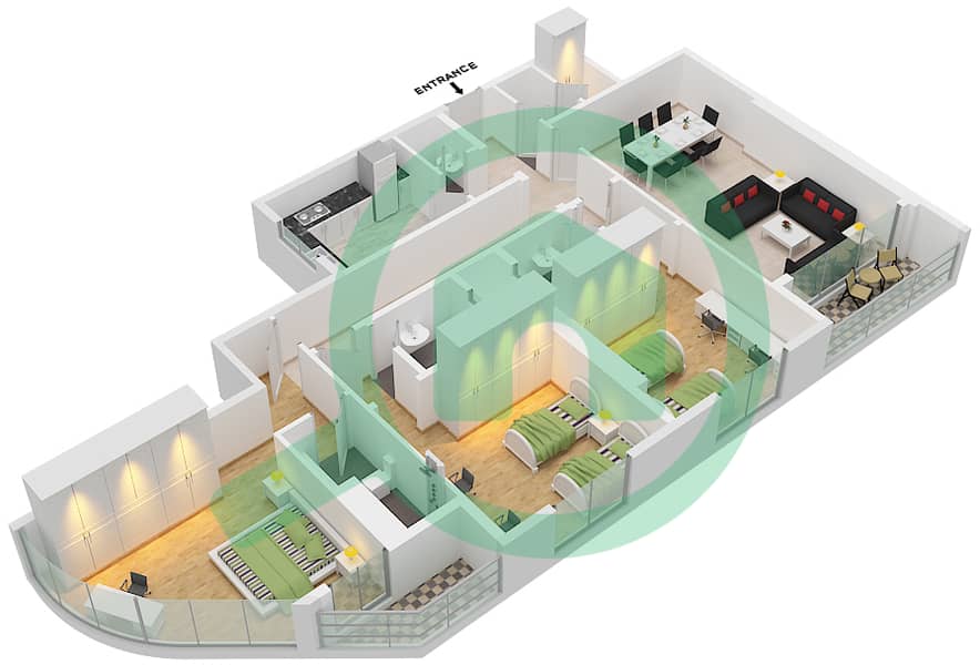 المخططات الطابقية لتصميم الوحدة 4 شقة 3 غرف نوم - أبراج الواحة Floor 1-30 interactive3D