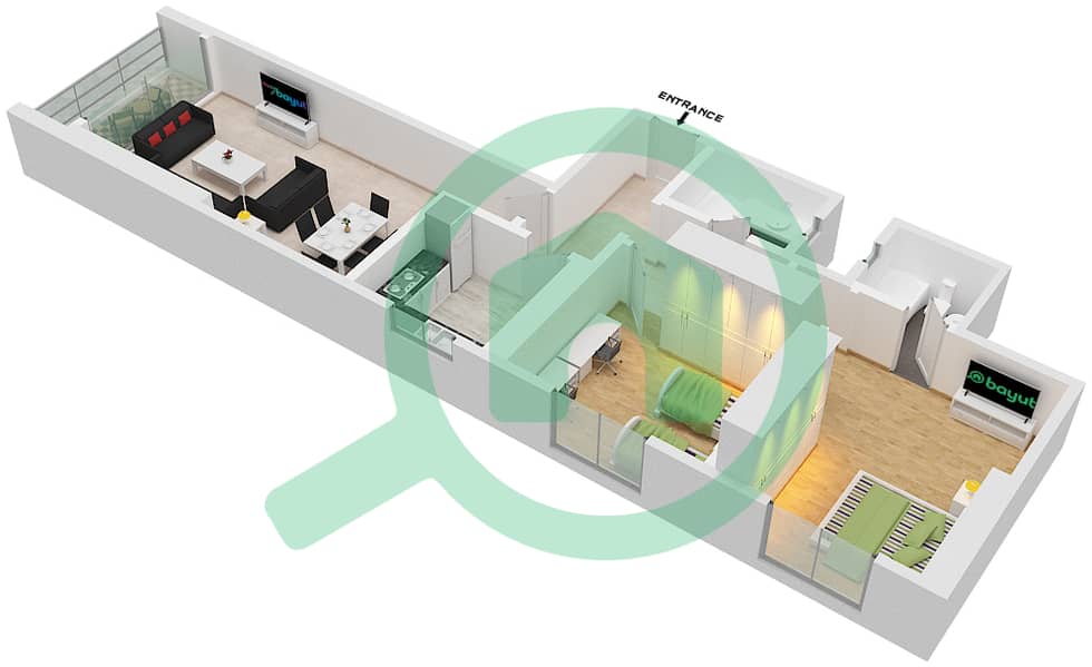 المخططات الطابقية لتصميم الوحدة 6 شقة 2 غرفة نوم - أبراج الواحة Floor 1-30 interactive3D