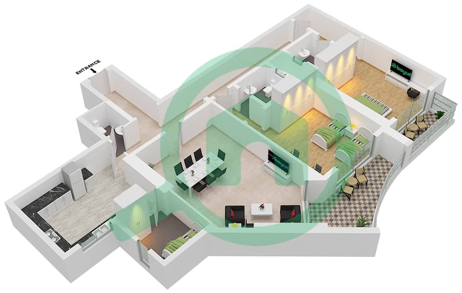 المخططات الطابقية لتصميم الوحدة 01 شقة 2 غرفة نوم - أبراج الواحة Floor 2-30 interactive3D