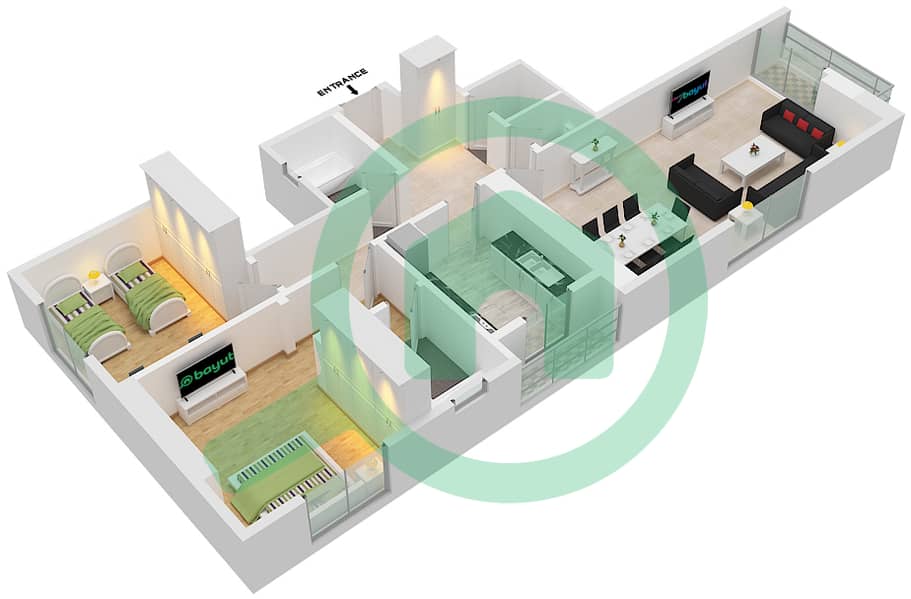 المخططات الطابقية لتصميم الوحدة 8 شقة 2 غرفة نوم - أبراج الواحة Floor 2-30 interactive3D
