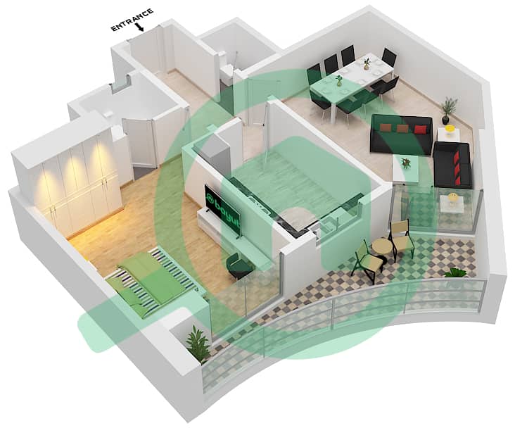 المخططات الطابقية لتصميم الوحدة 9 شقة 1 غرفة نوم - أبراج الواحة interactive3D