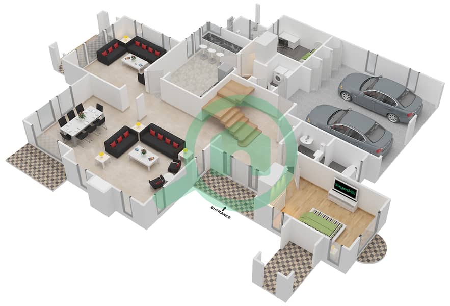 المخططات الطابقية لتصميم النموذج 3 فیلا 5 غرف نوم - أفينيدا 1 Ground Floor interactive3D