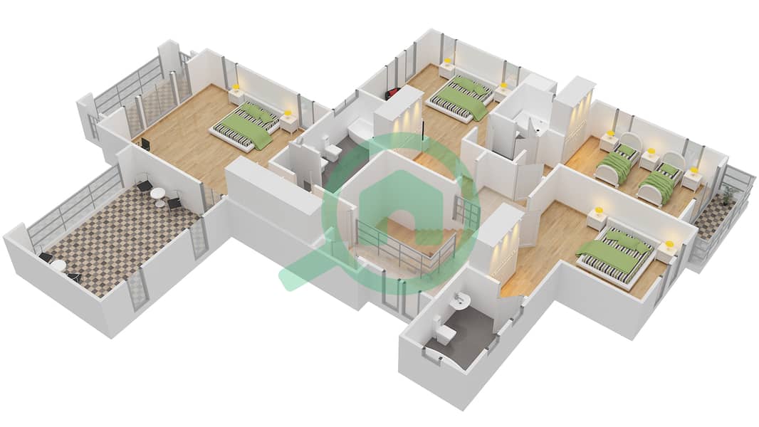 المخططات الطابقية لتصميم النموذج 3 فیلا 5 غرف نوم - أفينيدا 1 First Floor interactive3D