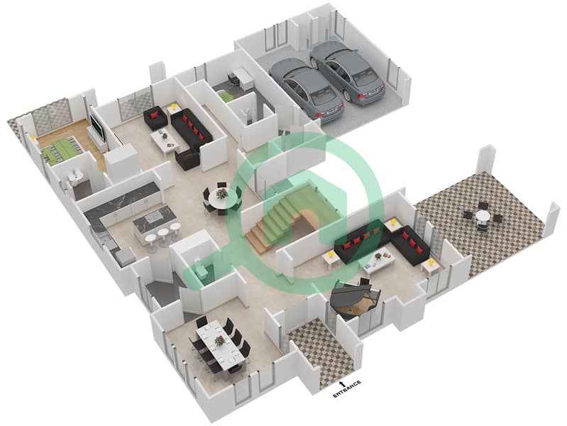 المخططات الطابقية لتصميم النموذج 4 فیلا 6 غرف نوم - أفينيدا 1 Ground Floor interactive3D