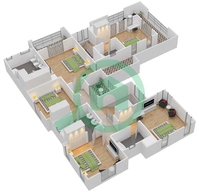 المخططات الطابقية لتصميم النموذج 4 فیلا 6 غرف نوم - أفينيدا 1 First Floor interactive3D