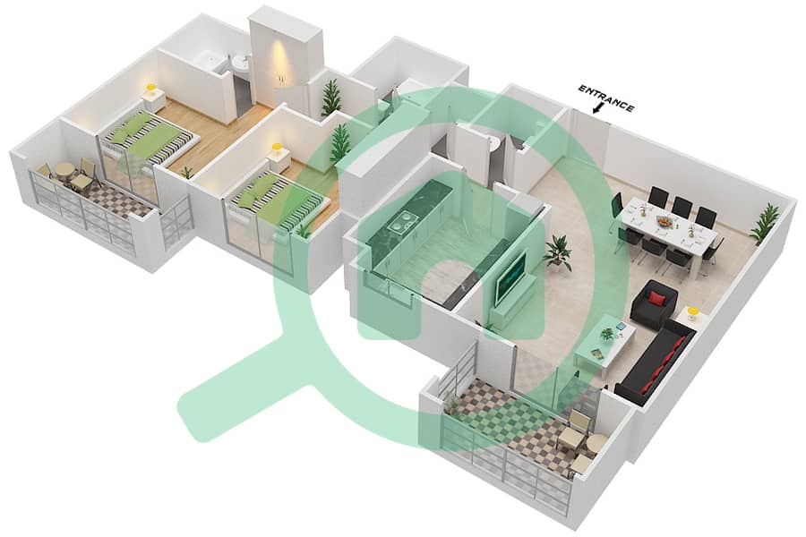 المخططات الطابقية لتصميم النموذج / الوحدة 5B/6 شقة 2 غرفة نوم - عزيزي ياسمين interactive3D