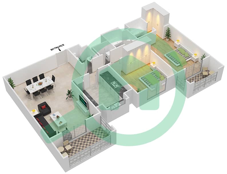阿齐兹茉莉公寓 - 2 卧室公寓类型／单位3B/3戶型图 interactive3D