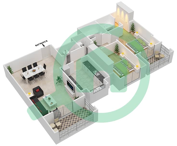 المخططات الطابقية لتصميم النموذج / الوحدة 2B/2 شقة 2 غرفة نوم - عزيزي ياسمين interactive3D