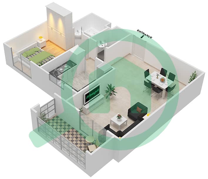 المخططات الطابقية لتصميم النموذج / الوحدة 2A/9 شقة 1 غرفة نوم - عزيزي ياسمين interactive3D