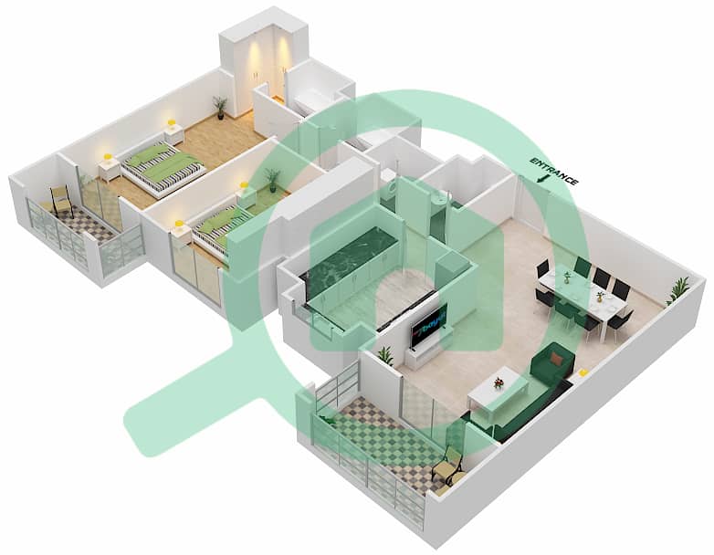 المخططات الطابقية لتصميم النموذج / الوحدة 4B/4 شقة 2 غرفة نوم - عزيزي ياسمين interactive3D