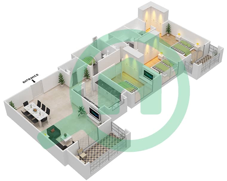 المخططات الطابقية لتصميم النموذج / الوحدة 1C/7 شقة 3 غرف نوم - عزيزي ياسمين interactive3D