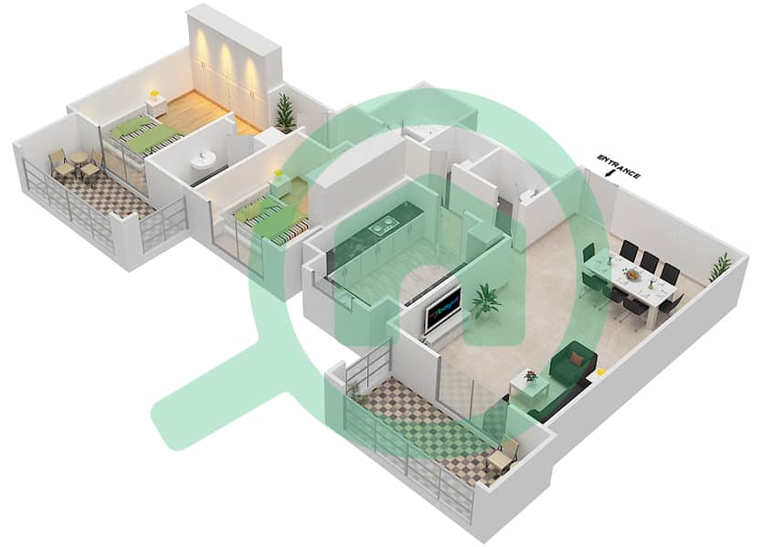 المخططات الطابقية لتصميم النموذج / الوحدة 6B/8 شقة 2 غرفة نوم - عزيزي ياسمين interactive3D