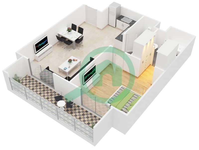 المخططات الطابقية لتصميم النموذج A شقة 1 غرفة نوم - كانديس استر interactive3D