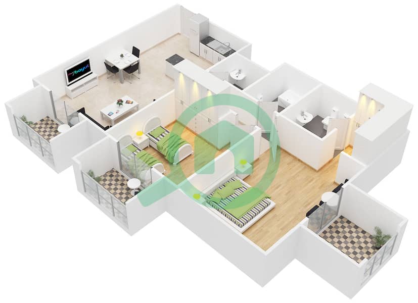 المخططات الطابقية لتصميم النموذج B شقة 2 غرفة نوم - كانديس استر interactive3D