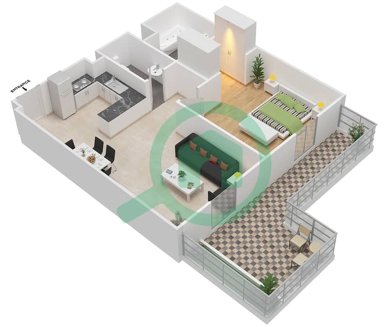 Azizi Roy Mediterranean - 1 Bedroom Apartment Type/unit P1A/7,34 Floor plan interactive3D