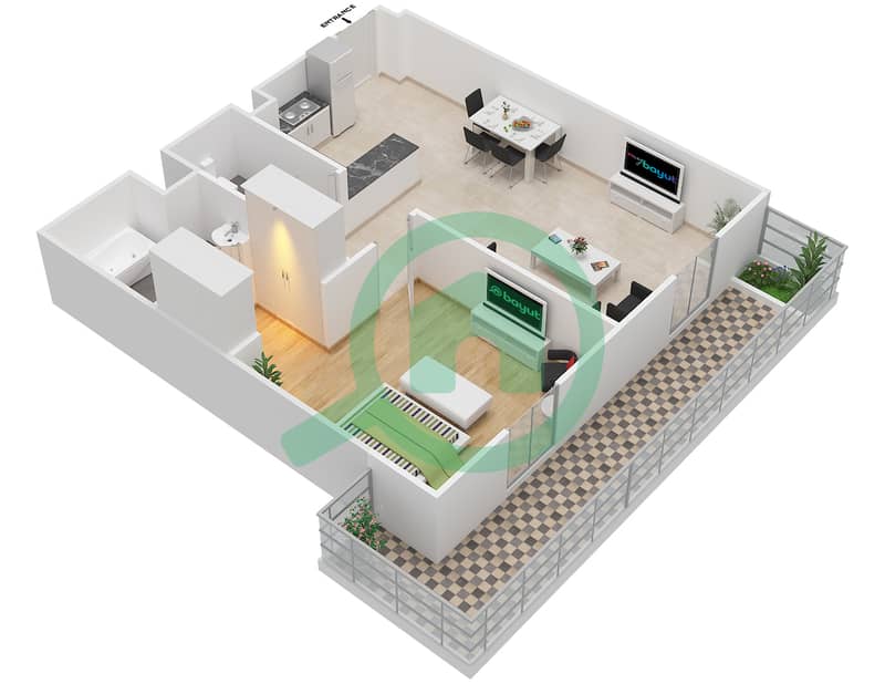 المخططات الطابقية لتصميم النموذج / الوحدة P1B/8,33 شقة 1 غرفة نوم - عزيزي روي ميديترينيان interactive3D