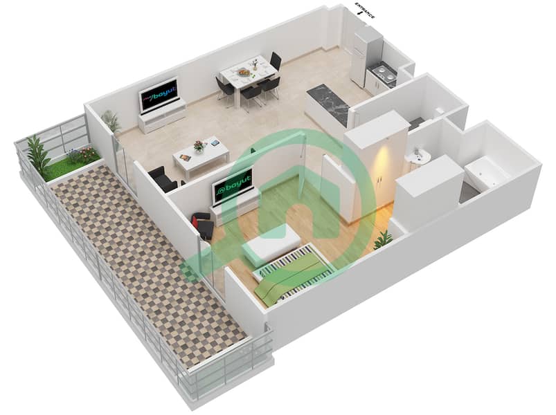 المخططات الطابقية لتصميم النموذج / الوحدة P1C/1 شقة 1 غرفة نوم - عزيزي روي ميديترينيان interactive3D