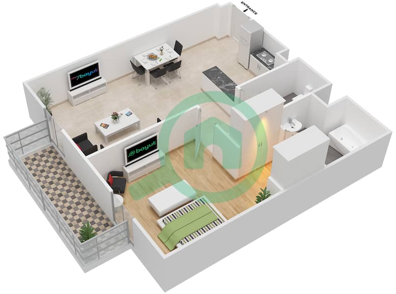 المخططات الطابقية لتصميم النموذج / الوحدة T1A/7,8,33,34 شقة 1 غرفة نوم - عزيزي روي ميديترينيان interactive3D