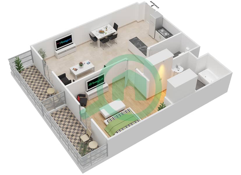 المخططات الطابقية لتصميم النموذج / الوحدة T1B/1 شقة 1 غرفة نوم - عزيزي روي ميديترينيان interactive3D