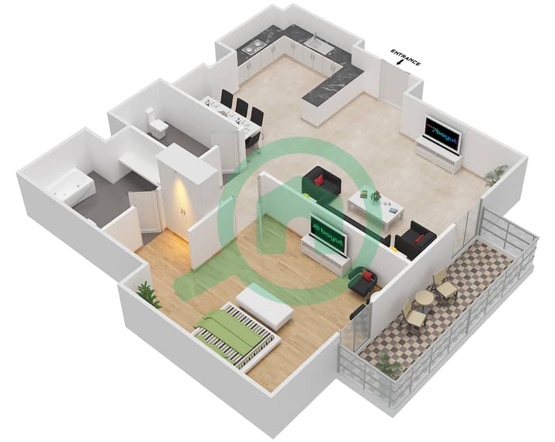 Azizi Roy Mediterranean - 1 卧室公寓类型／单位T1C/18,23戶型图 interactive3D