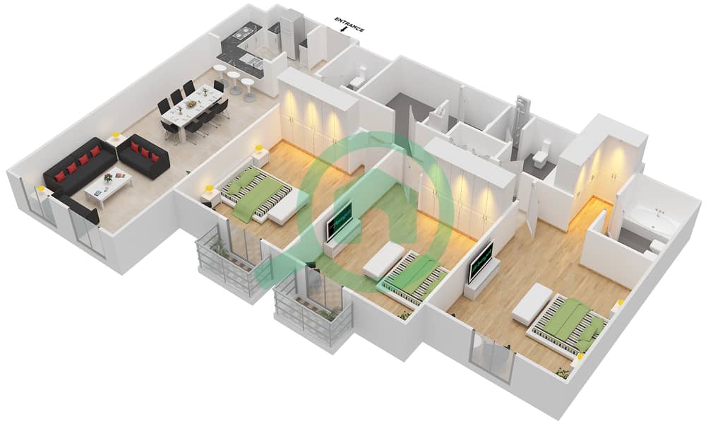 Masakin Al Furjan - 3 Bedroom Apartment Type A Floor plan interactive3D