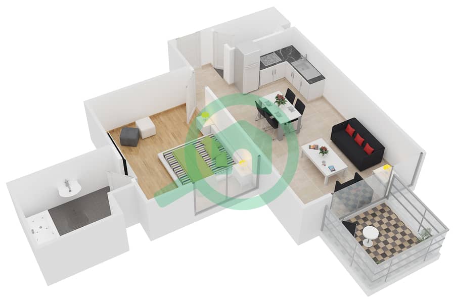 المخططات الطابقية لتصميم الوحدة 14 شقة 1 غرفة نوم - فاريشتا عزيزي interactive3D