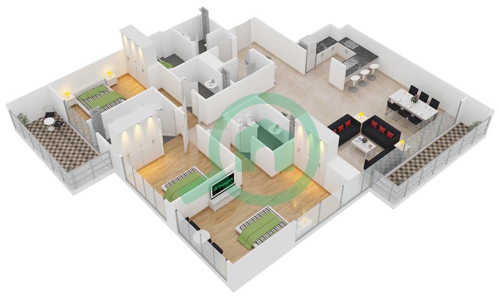 المخططات الطابقية لتصميم الوحدة 8,9 شقة 3 غرف نوم - افينيو ريزدنس‬ 2 interactive3D