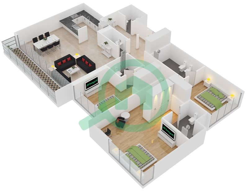 大道公寓2号楼 - 3 卧室公寓单位1戶型图 interactive3D