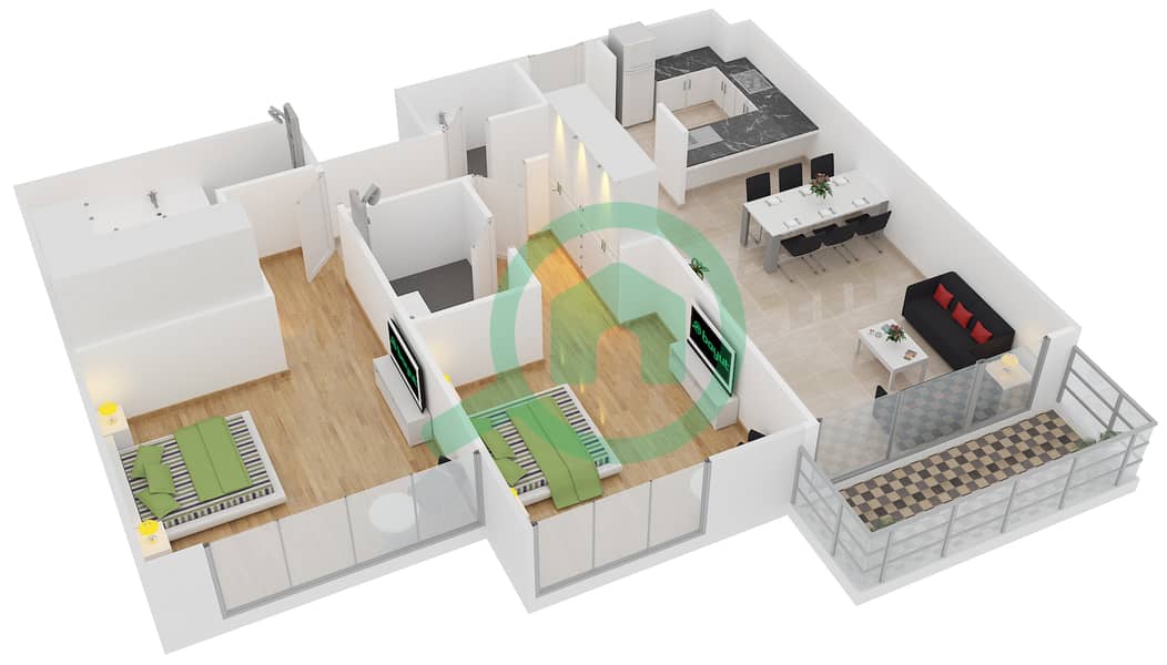 المخططات الطابقية لتصميم الوحدة 10 شقة 2 غرفة نوم - افينيو ريزدنس‬ 2 interactive3D