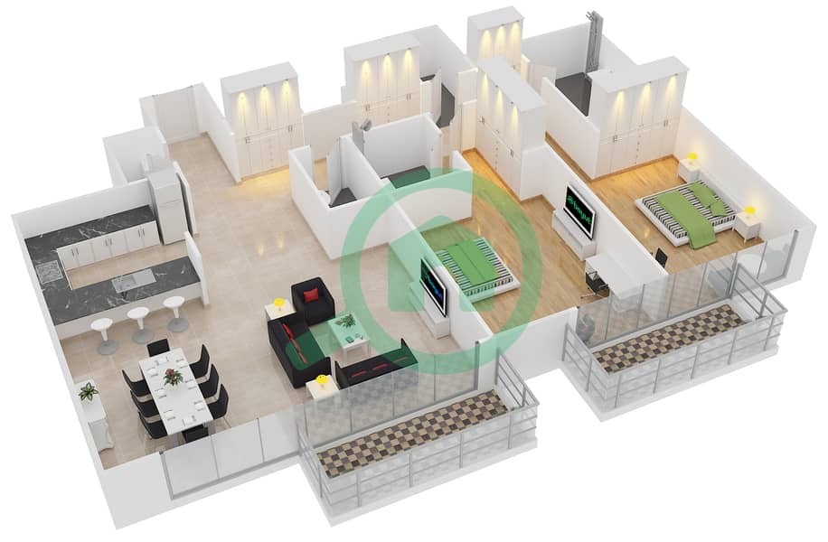 المخططات الطابقية لتصميم الوحدة 7 شقة 2 غرفة نوم - افينيو ريزدنس‬ 2 interactive3D