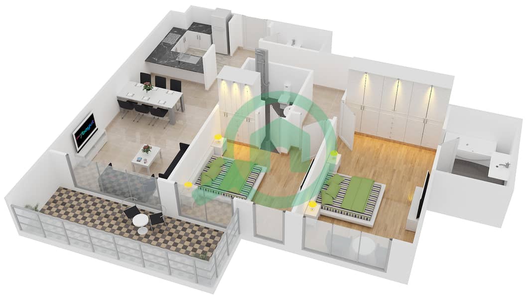 المخططات الطابقية لتصميم الوحدة 6 شقة 2 غرفة نوم - افينيو ريزدنس‬ 2 interactive3D