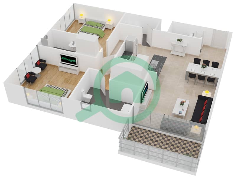 Резиденция Авеню 2 - Апартамент 2 Cпальни планировка Единица измерения 5 interactive3D
