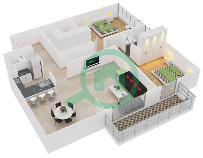 大道公寓2号楼 - 2 卧室公寓单位4戶型图 interactive3D