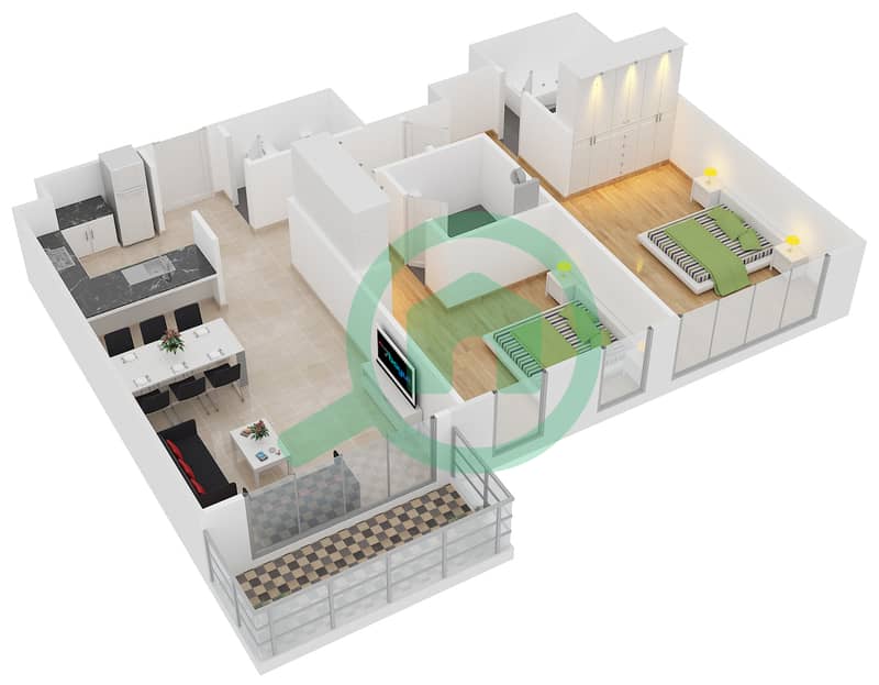 大道公寓2号楼 - 2 卧室公寓单位2戶型图 interactive3D
