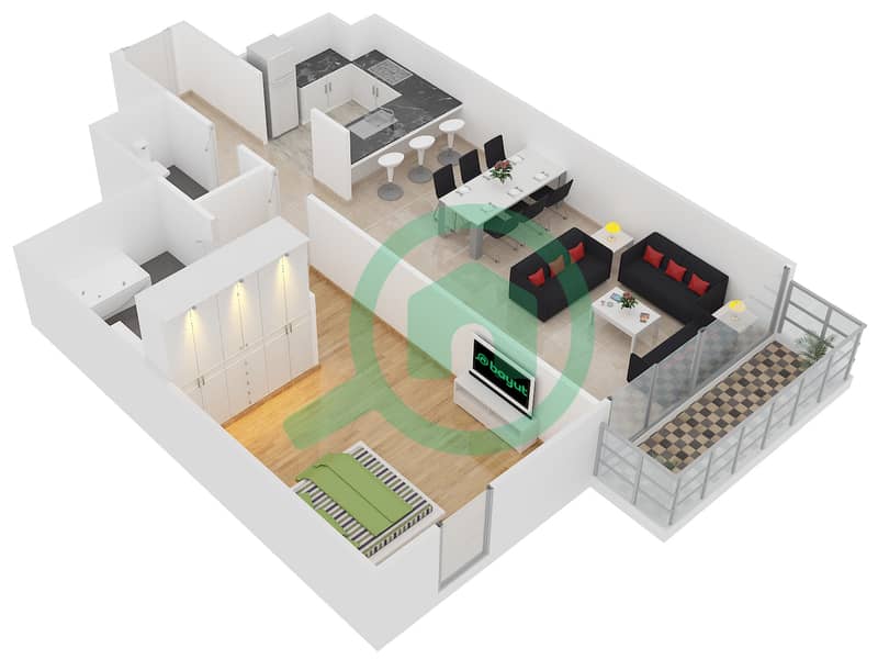 大道公寓2号楼 - 1 卧室公寓单位8戶型图 interactive3D