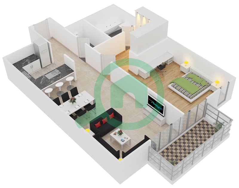 大道公寓2号楼 - 1 卧室公寓单位7戶型图 interactive3D